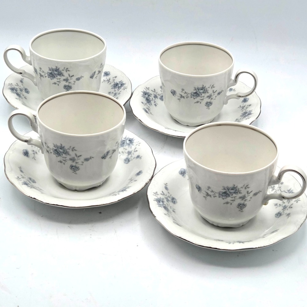 Vintage Johann Haviland Blue Garland Bavaria Germany Cup & Saucer Set of 4